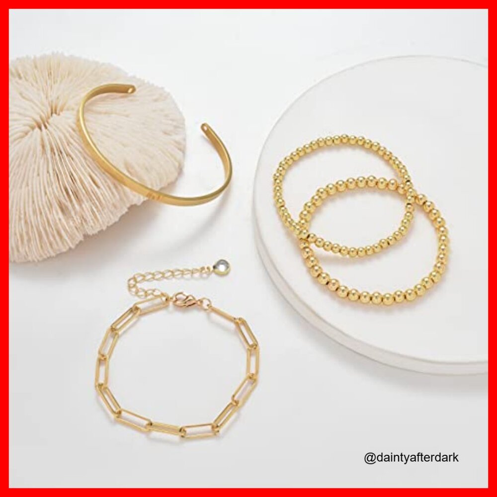 18k Gold Plated Copper Beaded Stackable Stretch B… - image 6